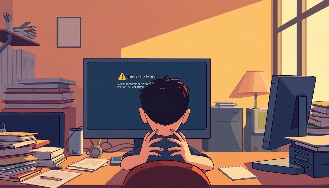 MM OO error message displayed on a computer screen with a frustrated user in the background.