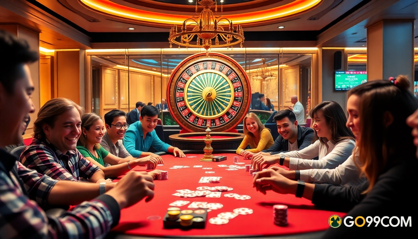 Experience the thrilling atmosphere at GO99COM's poker table, featuring vibrant chips and intense engagement.