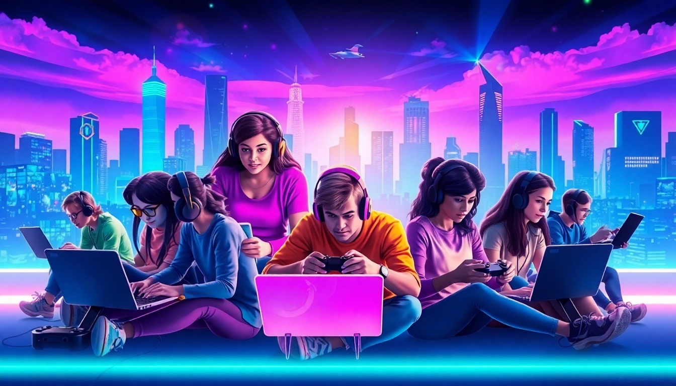 Gamers enjoying various game online experiences in a vibrant digital landscape.