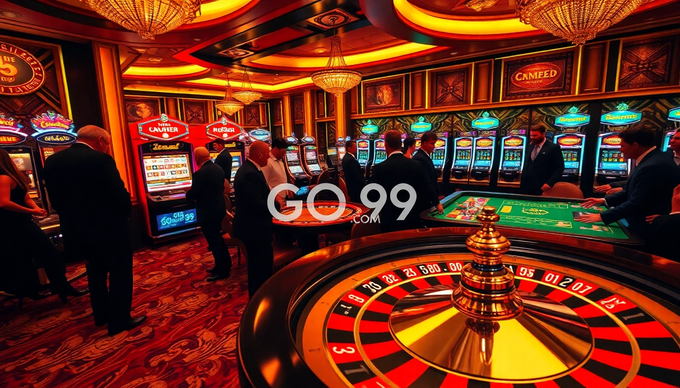 Players placing bets on a roulette table at GO99COM casino, energized atmosphere and vibrant slot machines.