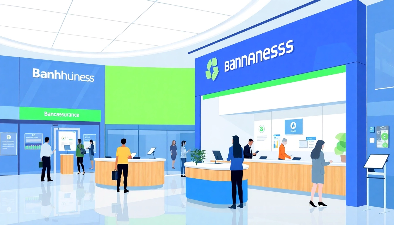 Learn about BANCA ONLINE with a vibrant image of a bank showcasing bancassurance services.