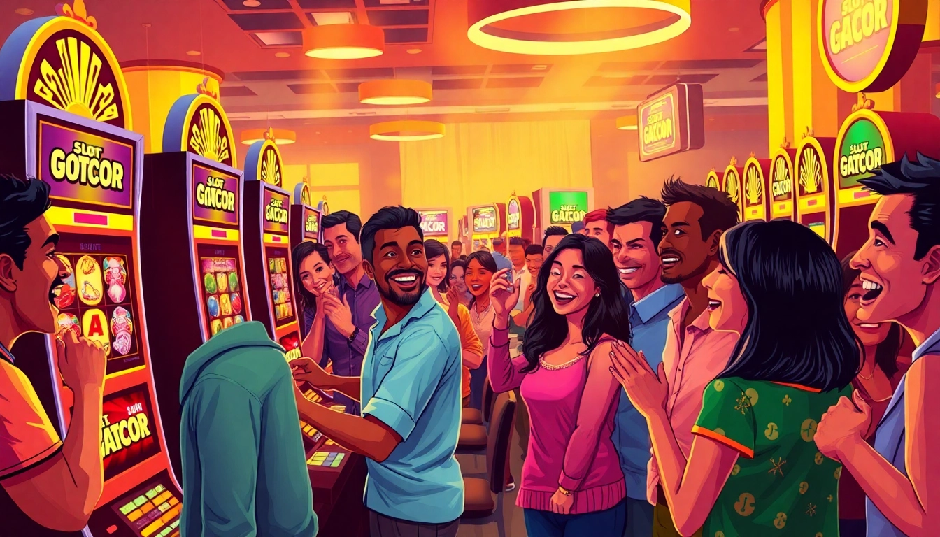 Players enjoying dynamic slot gacor machines in a lively casino atmosphere.