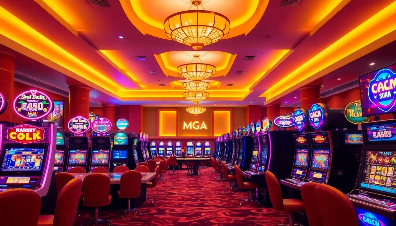 MGA casino interior showcasing lively gaming atmosphere with vibrant slot machines and inviting tables.